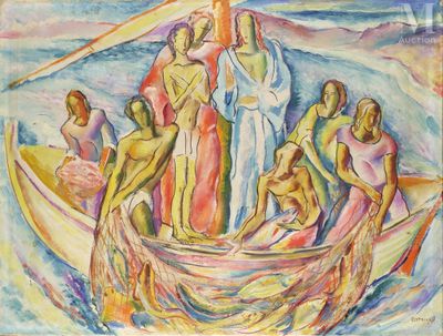 peinture d'un groupe de personnes dans un bateau sur un plan d'eau