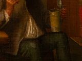 painting of a man in a red hat sitting at a table