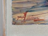 an image of a painting of a man riding a motorcycle down a street