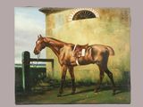 un tableau représentant un cheval debout devant un bâtiment
