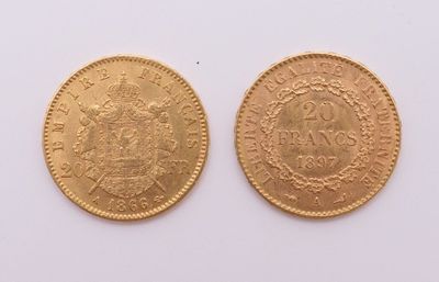 a close up of two gold coins on a white surface