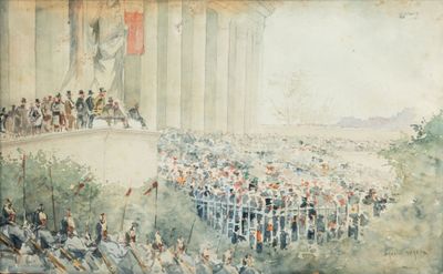 Francis GARAT (1853- ?). Défilé devant un temple à colonnes