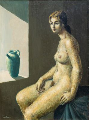 painting of a nude woman sitting in front of a window with a vase in the background