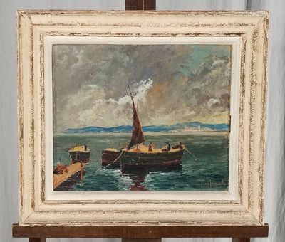 an oil painting of a boat on a body of water near a pier