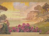 une image représentant un tableau de paysage avec des fleurs au premier plan