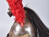 a helmet with a red feather on top of it