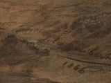 painting of a landscape with a river and a mountain in the distance