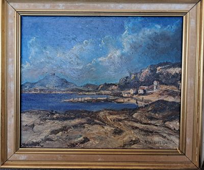 une peinture à l'huile représentant la vue d'une petite ville sur une plage rocheuse