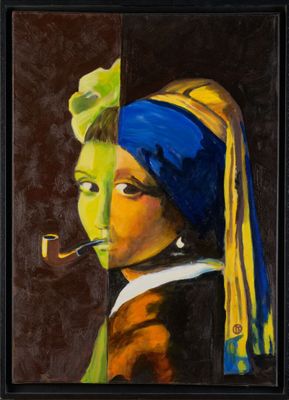 un tableau représentant une jeune fille à l'oreille ornée d'une perle, fumant la pipe