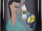 painting of a woman holding a bottle of water and a hat