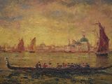 painting of a boat in a body of water with a city in the background