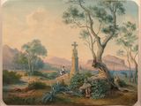 an image of a painting of a castle in the middle of a field