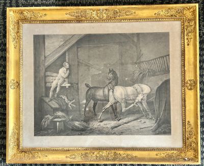 an image of a picture of a horse and a man in a stable