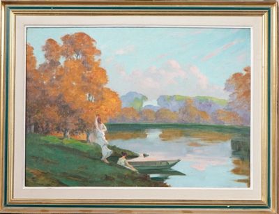 tableau représentant deux personnes dans un bateau sur un lac, avec des arbres en arrière-plan