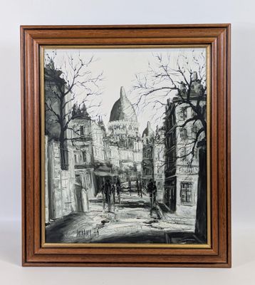 tableau représentant une scène de rue avec une calèche devant une église