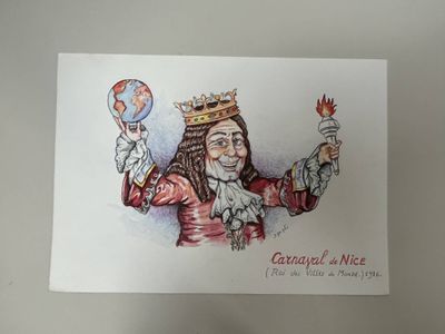 dessin représentant un homme coiffé d'une couronne et tenant un ballon