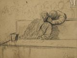 dessin représentant une femme assise à une table avec une tasse de café
