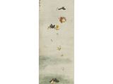 a painting of a group of birds flying over a body of water