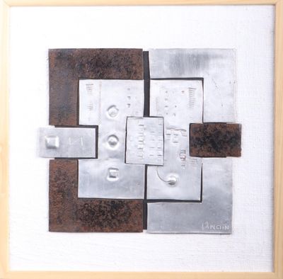 painting of a metal object in a wooden frame on a white background