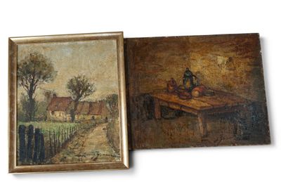two paintings of a farm scene and a painting of a man on a table