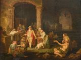 painting of a painting of a group of people in a building