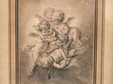 an old picture of a painting of two cherenshes and a dog