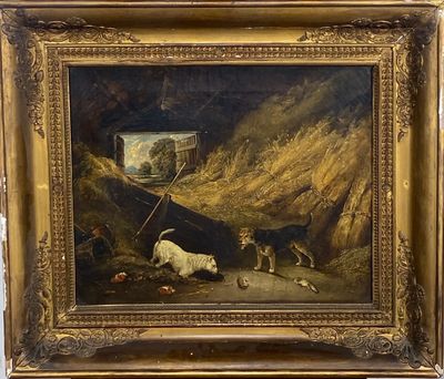 tableau représentant deux chiens et un chat dans un paysage, avec un chien en laisse