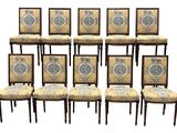 a set of six chairs with blue and yellow upholstered upholstered upholstered upholstered