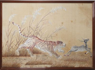 tableau représentant un tigre poursuivant un cerf dans un champ d'herbes hautes