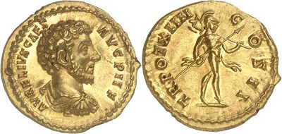 a gold coin with an image of a man holding a sword