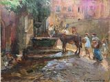 a painting of a horse that is standing in the street