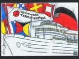 dessin représentant un bateau de croisière orné de drapeaux et d'une pancarte