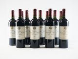 six bottles of red wine lined up in a row