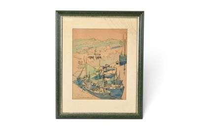 tableau représentant un bateau sur un plan d'eau, avec des personnes à bord