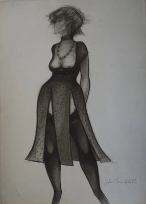 dessin représentant une femme vêtue d'une robe noire et de collants