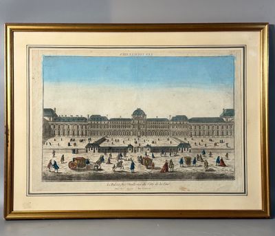 an old picture of a large building with people walking around it