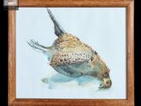 une photo d'un tableau représentant un oiseau, dans un cadre en bois