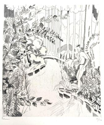a black and white drawing of a bench in a garden