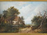 an oil painting of a farm scene with sheep grazing in the foreground