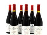 six bottles of red wine are lined up on a white surface