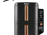 a close up of a black and gold air fryer and a black and gold air fryer