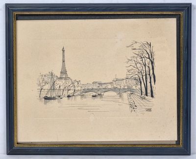 dessin représentant une vue de la tour Eiffel depuis l'autre rive du fleuve