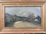 une peinture à l'huile représentant une route de campagne avec une maison au loin