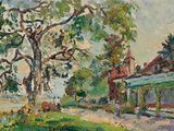 an oil painting of a large tree in front of a house