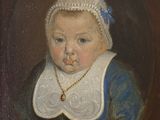 an old painting of a baby wearing a blue dress and a white bonnet