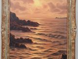 an oil painting of a sunset over a body of water