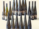 Plusieurs bouteilles de vin sont disposées en cercle sur une surface blanche