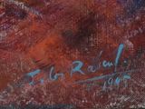 an image of a painting of a red flower with blue writing on it