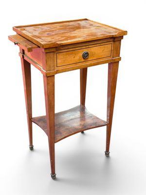 an image of a small wooden table with a drawer on top of it