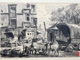 drawing of a street scene with a horse drawn carriage and carriages